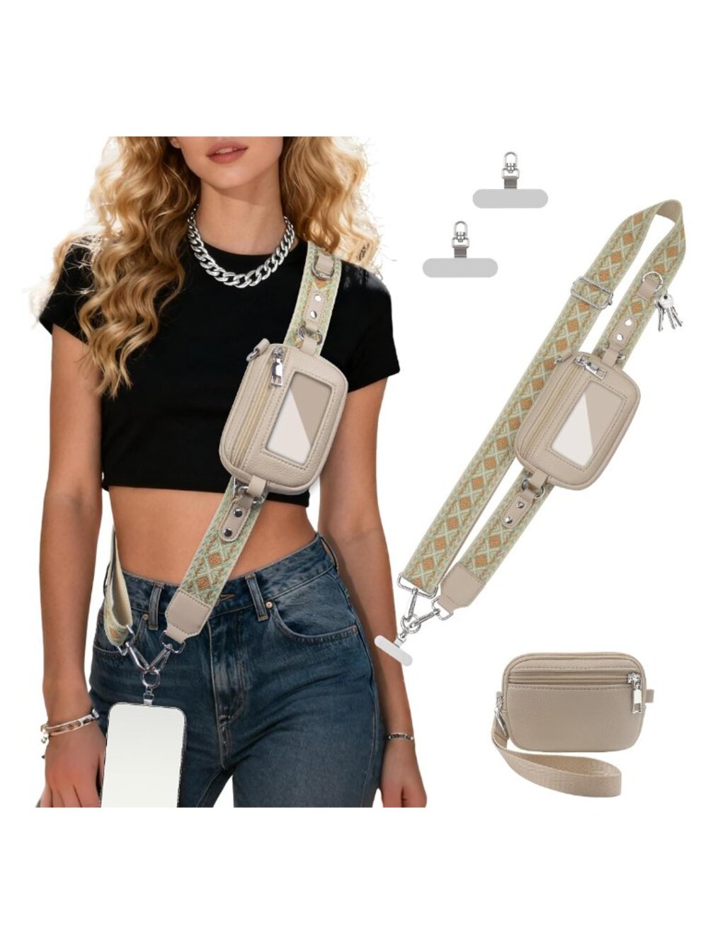 Faux Leather Phone Lanyard Crossbody Wallet Strap with ID Holder